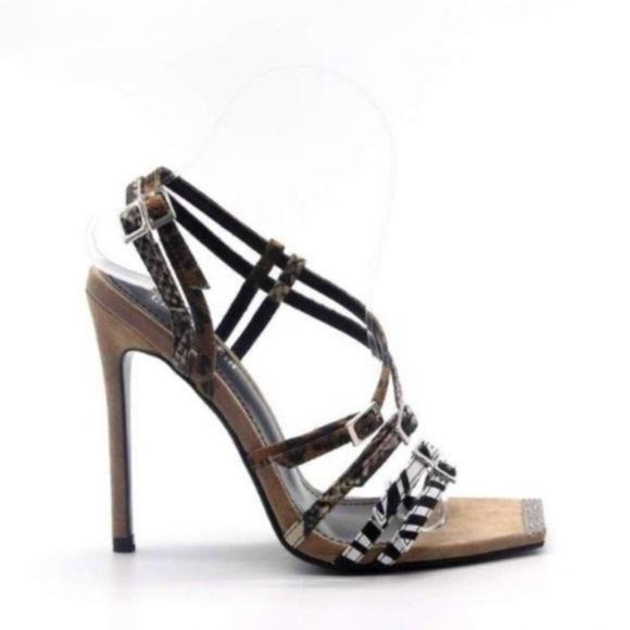 Shoes - Animal Print Strappy Square Toe Heels in Nude